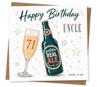 71st Birthday Card for Uncle, Beer Bottle & Cheers Message | Cheerful 71st for Uncle with beer bottle and champagne glass artwork, plus a playful “Cheers! To You” message.