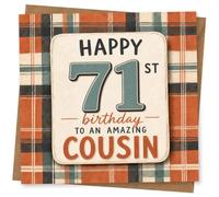 71st Birthday Card, Plaid Background, Big 71, Cousin | Bold plaid background with a big “71” centrepiece and cheerful front wording for an amazing cousin on their 71st.
