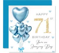 71st Birthday Cards for Men - Blue Glitter Balloons - Happy Birthday Card for 71 Year Old Man Great Uncle Cousin Husband Grandpa, 145mm Bday Greeting Cards