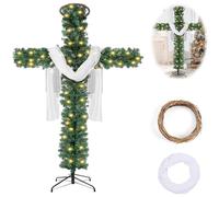 72 Inch Christmas Cross Christmas Tree with Lights - Prelit Artificial Skinny Pencil Xmas Tree with Silk Scarf and Christ Crown, Foldable Xmas Tree for Indoor Outdoor Holiday, Yard (Green)