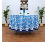 72 Inches Round Hand Block Printed Cotton Tablecloth, Blue White Floral Table Cloths Washable, Indian Table Linen For Dinning Home Decor Autumn Outdoor Thanksgiving Valentine Gifts