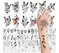 72 Leaves Rose Butterfly Temporary Tattoos for Adults, Women Men, Black Floral Pattern for Half Sleeve, Fake Tattoos Stickers, Peony Sunflower Spider Web Skull