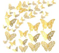 72 Pcs Butterfly Wall Decor Golden Hollow Wall Stickers 3 Styles 3 Sizes 3D Gold Butterfly Wall Stickers Art Decor Crafts for Home Room Decor Birthday Party Decorations (Gold)