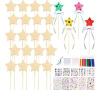 72 Pcs Make Your Own Princess Wand DIY Art Craft Magical Wands Unfinished Star Princess Fairy Wands Kit Include 24 Star Wooden Fairy Wands 12 Gem Stickers 24 Ribbons 12 Markers for Girls Cute Princess