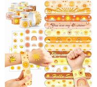 72 PCS Sun Boho Party Favors - 48 PCS Temporary Pre-cut Tattoos & 24 PCS Slap Bracelets - Cute Sunshine-Themed Gifts for Kids, Girls, and Boys - Perfect for Birthdays, Baby Showers, Classroom Rewards