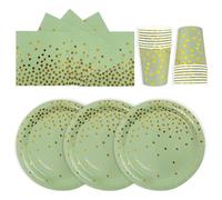 72 Piece Birthday Party Tableware Set, Sage Green Gold Birthday Party Tableware Cups Napkin Paper Plates Set for Girls Children Table Decoration 24 Guests