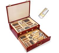72 Piece Stainless Steel Flatware Set, Cutlery Set for 12 People In Box, Collectible Stainless Steel Tableware with Gift Carrying Case, Fork and Spoon Cutlery Box Set, Silver and Gold(Flame)