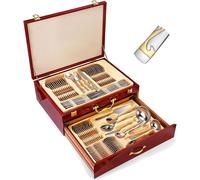 72 Piece Stainless Steel Flatware Set, Cutlery Set for 12 People In Box, Collectible Stainless Steel Tableware with Gift Carrying Case, Fork and Spoon Cutlery Box Set, Silver and Gold(Flame)