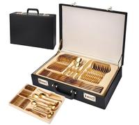 72-Piece Stainless Steel Flatware Set with Leather Case, Gold/Silver Cutlery, Mirror Polished Utensils, Knife Fork Spoon Set, Dishwasher Safe, Perfect for Gifts (Gold, 72PCS)