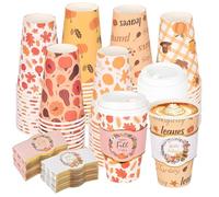 72 Set Fall Disposable Coffee Cups with Lids and Sleeves Fall Themed Disposable Coffee Cups for Hot or Cold Drinks Pumpkin Maple Leaf Paper Drinking To Go Cups for Autumn Harvest Party Supplies