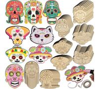 72 Sets Day of The Dead Sugar Skull Crafts Unfinished Wooden Dia De Los Muertos Skull Ornaments Coloring Make Your Own Mexican Fiesta Blank Cutout Hanging Slices Tree Decorations