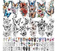 72 Sheets Watercolor Butterflies Temporary Tattoos For Women Girls Adults Legs Clavicle, 3D Temp Bulk Long Lasting Rose Butterfly Half Arm Sleeve Realistic Fake Tattoo Stickers Colored Party Festival