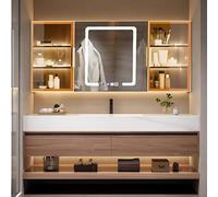 72" Single Sink Bathroom with LED Fog Mirror Solid Wood Body & s Side Cabinet Modern Light Brown Bathroom Cabinet for Slish Home Decor