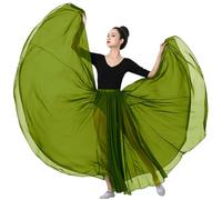 720 Silky Sheer Chiffon Elastic Waist Long Dance Skirt for Belly Ballet Photography Performance Maxi Skirt, Olive Green, 2-14