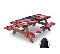 72in Camping Table Cover & Bench Covers 3-Pack Set, Colorful Tropical Plant Leaves Print Tablecloths, for Rectangle Tables Picnic