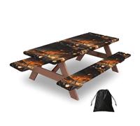 72in Camping Table Cover & Bench Covers 3-Pack Set, London Black Cab Print Tablecloths, for Rectangle Tables Picnic