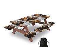 72in Camping Table Cover & Bench Covers 3-Pack Set, North American bison herd Print Tablecloths, for Rectangle Tables Picnic