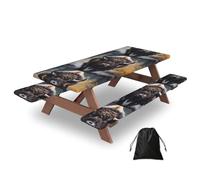72in Camping Table Cover & Bench Covers 3-Pack Set, North American bison Print Tablecloths, for Rectangle Tables Picnic