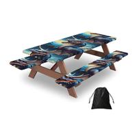 72in Camping Table Cover & Bench Covers 3-Pack Set, Roaring Dragon Print Tablecloths, for Rectangle Tables Picnic