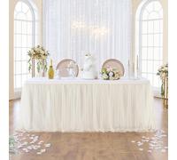 72in Ivory Tulle Table Skirts for Rectangle Tables 6/4ft, 2 Layer Gold Grim Ruffle Cream Tulle Tutu Table Skirt 6ft Decor Wedding Birthday Party Baby Shower Cake Dessert Tables(No Table Cover)