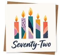 72nd Birthday Card, Five Patterned Candles, Seventy-Two | Five bold patterned candles with hand-lettered “Seventy-Two” script; a bright, contemporary 72nd birthday look.