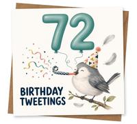 72nd Birthday Card for Her, Birthday Tweetings Bird | Wish her a cheerful 72nd with teal balloon “72”, confetti bursts and a cute bird in a party hat blowing a streamer.