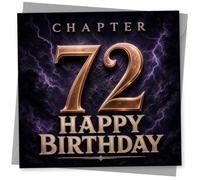 72nd Birthday Card for Her, Chapter 72 Purple Lightning | Big gold-look 72 with CHAPTER heading and HAPPY BIRTHDAY on a dramatic purple lightning sky-made for her 72nd.