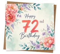 72nd Birthday Card for Her, Pink Blooms & Lavender Sprigs | Elegant script “Happy 72nd Birthday” surrounded by soft pink flowers, lavender details and leafy watercolour accents.