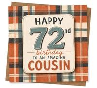 72nd Birthday Card for Her, Plaid Tartan, Big 72 | For her 72nd: standout “72” on a tartan plaid background with the message “Happy 72nd birthday to an amazing cousin”.