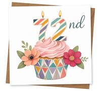 72nd Birthday Card for Her, Striped Cupcake Candle Numbers | Bright 72nd card featuring a striped cupcake, pink icing, candle-style number toppers and a scatter of flowers.