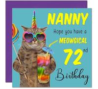 72nd Nanny Birthday Card - Meowgical Cat Funny Grandma Birthday Card for 72 Year old Seventy Two Seventy Second