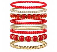 72ore Boho Red Bracelets for Women Red and Gold Bangles Layered Natural Stone Beaded Bracelet Stackable Women's Stretch Jewelry Gift for Mom Sister Friend, One Size, Zinc, no gemstone