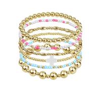 72ore Gold Cross Bracelets for Women Beaded Stackable Stretch Cross Non Tarnish Bracelets Wedding Party Accessories Jesus Birthday Religious Gifts, L, no gemstone