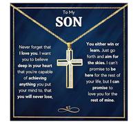 72ore To My Son Necklace Gifts From Mom Gold Cross Necklace Stainless Steel Chain for Men Rhinestone Cross Pendant Inspirational Birthday Gifts for Son Adult, No Gemstone