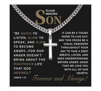 72ore To My Son Necklace Gifts From Mom Mens Silver Chain Cross Necklace Stainless Steel Chain for Men Inspirational Birthday Gifts for Son Adult, No Gemstone