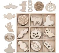 72Pcs 9 Styles Wooden Halloween Shapes Wood Cutout Holiday Unfinished Blank Ghosts Pumpkins Cat Witch Hat Bat Spider Candy Slices Hanging Ornaments for DIY Crafts Party Decoration