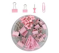 72Pcs Binder Clips Push Pins Set, Pink 4 in 1 Round Box Clip Stationery Set Including 20 Push Pins, 30 Paper Clips, 15 Small Blinder Clips, 7 Large Blinder Clips, Office Supplies Set Paper Clips