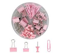72Pcs Binder Clips Push Pins Set, Pink 4 in 1 Round Box Clip Stationery Set Including 20 Push Pins, 30 Paper Clips, 15 Small Blinder Clips, 7 Large Blinder Clips, Office Supplies Set Paper Clips