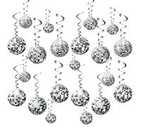 72PCS Disco Ball Decorations, 70s Party Hanging Swirls Decorations Silver Ceiling Hanging Streamer Swirls Decor for Disco Fever Themed 70s Retro Party Favors Supplies (Silver)