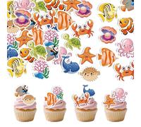 72PCS Edible Ocean Animal Cupcake Toppers Wafer Paper Fish Octopus Crab Turtle Whale Seahorse Seashell Cupcake for Under the Sea Theme Baby Shower Birthday Party Supplies