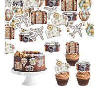72Pcs Edible Travel Theme Cupcake Toppers Wafer Paper Let the Adventure Begin Cupcake Picks Travel Around The World Party Decorations for Going Away Farewell Party Supplies