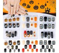 72pcs False Nails Halloween Short Press On Nails Reusable Fake Nails with Glue Full Cover Nails Tips Pattern Pumkin Skull Nail Decoration for Women and Girls