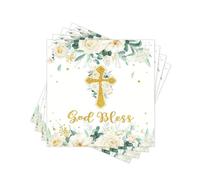 72PCS God Bless Gold Cross White Floral Printed Dinner/Lunch Napkins | Disposable Decorative Paper Napkins; Folded 6.5 x 6.5 in; 2-Ply Religious Communion Baptism Party Table Decor