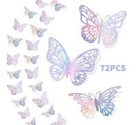 72PCS Laser Silver 3D Butterfly Wall Decor, 3 Styles 3 Sizes, Removable Butterfly Wall Stickers Decorations for Room, Party, Birthday, Wedding, Cakes, DIY Gift