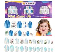 72PCS Press on Nails for Kids, TOROKOM Pre-glue Fake Nail for Kid Full Cover Kids Short Artificial False Nails Set with Sticky Adhesive Back for Girls 8-12 Years (3 Pack, Blue Bear Cat)