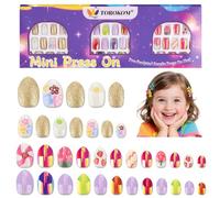 72PCS Press on Nails for Kids, TOROKOM Pre-glue Fake Nails for Kids Full Cover Kids Short Artificial False Nails Set with Sticky Adhesive Back for Girls 8-12 Years (3 Pack, Gold Strawberry Flower)