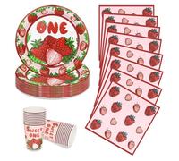 72Pcs Red Strawberries Party Plates Cups and Napkins, 7 Inch Disposable Birthady Paper Plates and Cups, Party Tableware Set for Baby Showers Engagement Wedding Table Decorations