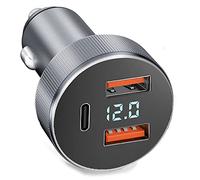 72W Dual Port Car Charger Metal Cigarette Lighter Splitter with LED Voltmeter for Samsung Galaxy S23, S22, Ultra, 5G, Plus, Note 20, iPhone 14, iPhone 13, 12, Pro, Max, Mini and More (Silver)