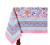 72x118 Inches Rectangle Hand Block Printed Cotton Tablecloth, Pink Blue Floral Table Cloths Washable, Indian Table Linen For Christmas Halloween New Year Thanksgiving Gifts Home Decor Dinning Outdoor