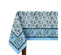 72x160 Inches Rectangle Hand Block Printed Cotton Tablecloth, Blue Green Floral Table Cloths Washable, Indian Table Linen For Valentine Thanksgiving Gifts Home Decor Dinning Outdoor